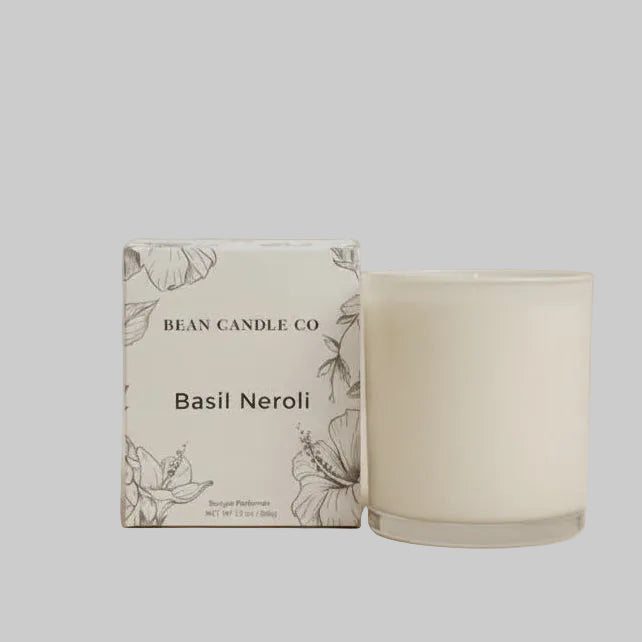 Bean Candle Co Basil Neroli candle and packaging on a beige background