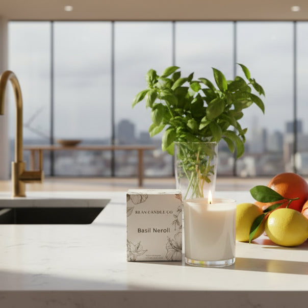 Candle, basil plant, and box on a kitchen counter with a cityscape view.