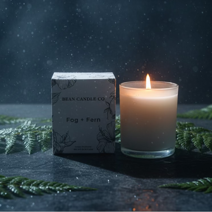 Candle and packaging with 'Bean Candle Co' branding on a dark background