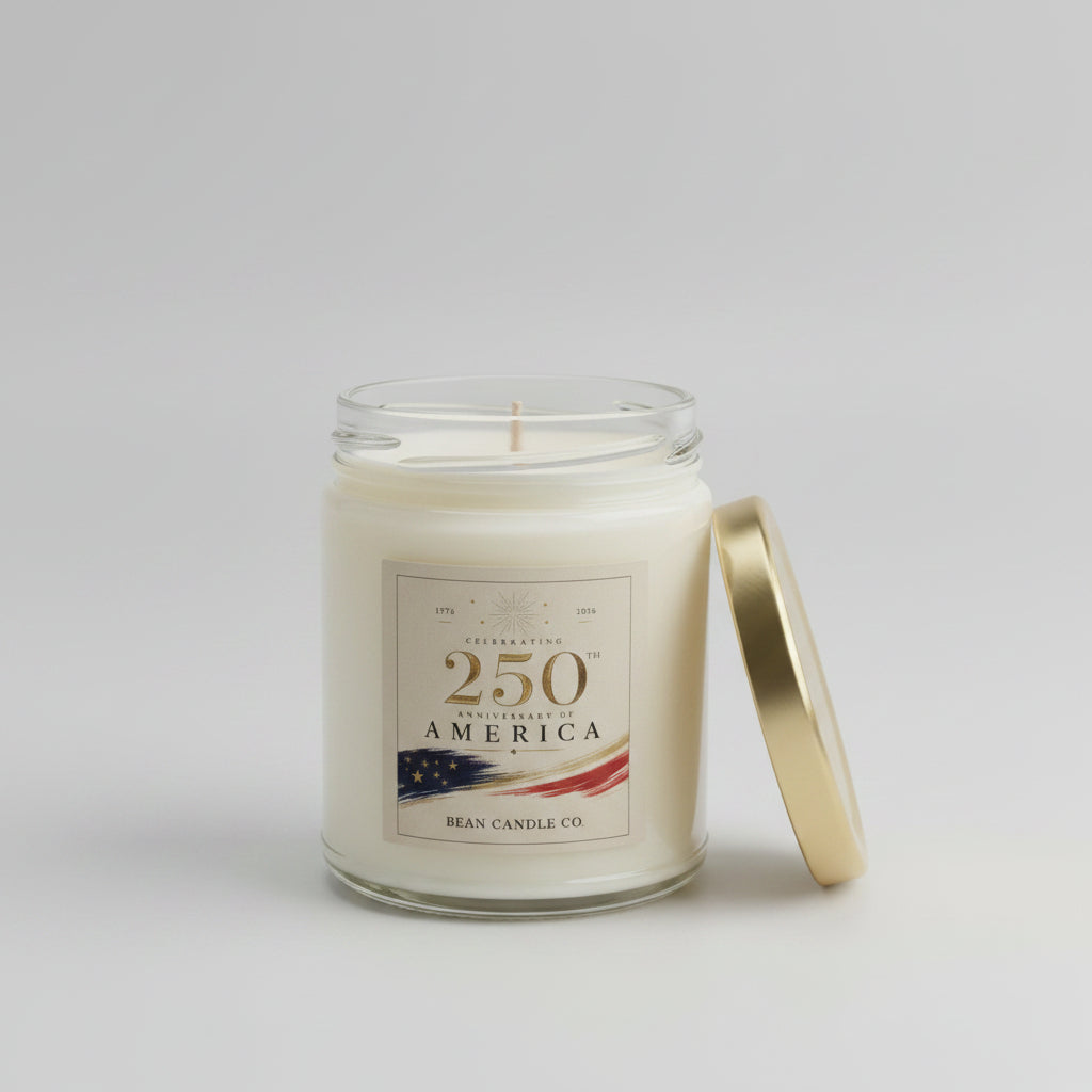 Scented Candle glass jar. Gold lid. 250th Anniversary