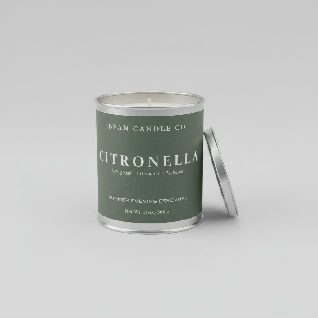 Citronella candle in a paint can. 